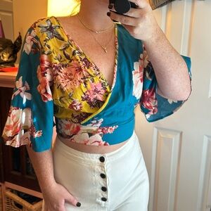 Band of Gypsies Floral Turqoise Crop Top
